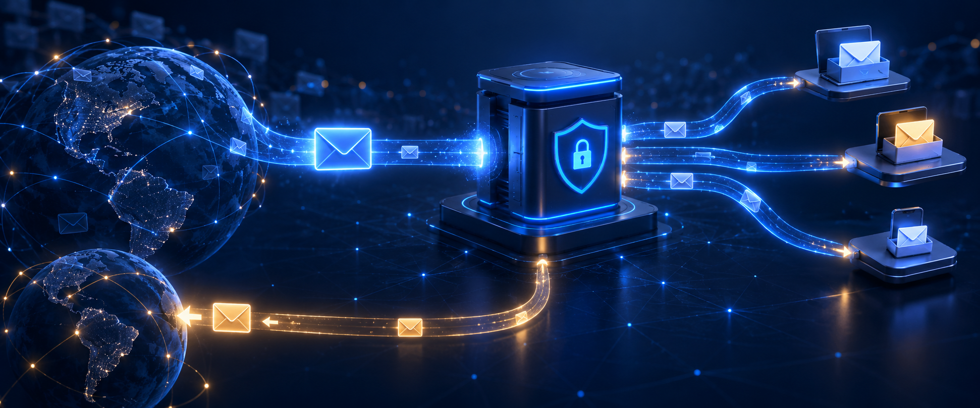 MailerZ message flow from an external sender through routing and policy checks to existing destination inboxes
